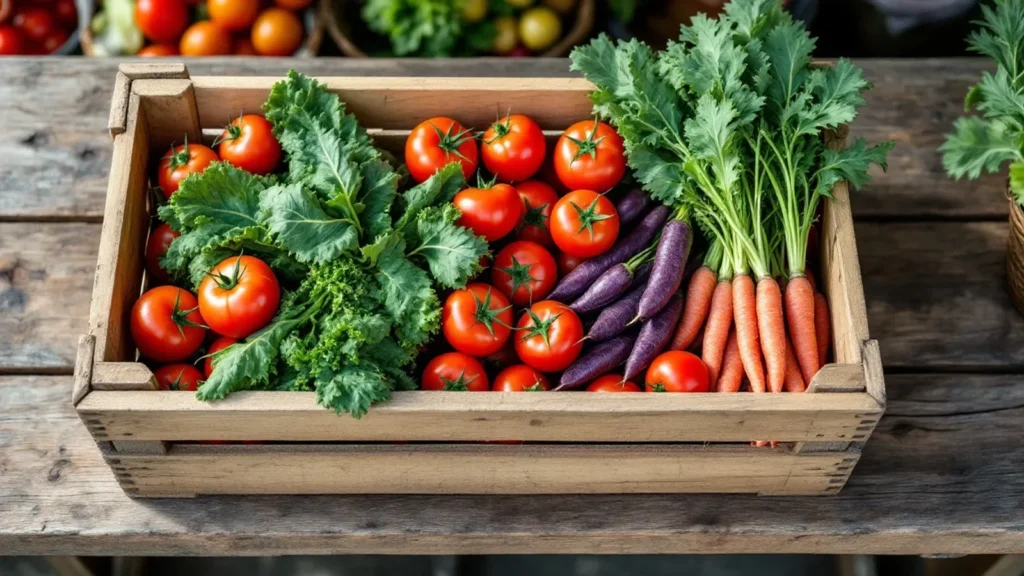 Fresh organic vegetables in wooden crate with tomatoes, carrots, eggplant, and cilantro.
