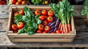 Fresh organic vegetables in wooden crate with tomatoes, carrots, eggplant, and cilantro.