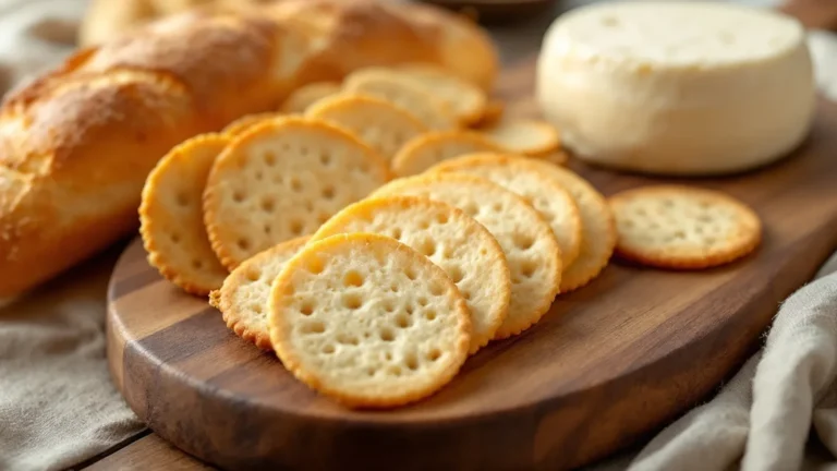 A close-up photograph of a rustic wooden board featuring neatly sliced diagonal rounds of a fresh French baguette, golde