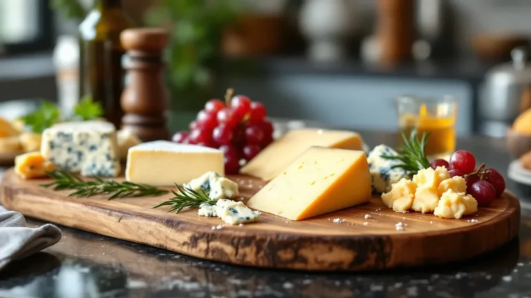 A beautifully styled, rustic wooden cheese board featuring a curated selection of European cheeses, including a wedge of