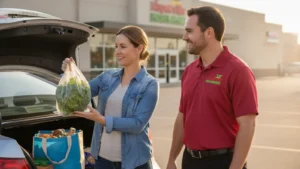 Grocery store employee assists customer loading fresh produce into vehicle trunk.