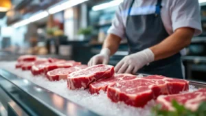Butcher preparing fresh meat cuts on ice in professional kitchen setting.