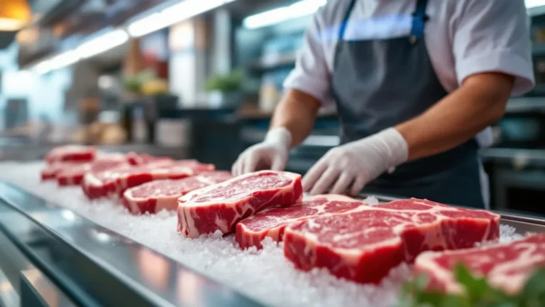 Butcher preparing fresh meat cuts on ice in professional kitchen setting.