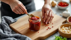 Chef scooping homemade red pepper sauce from glass jar with wooden spoon