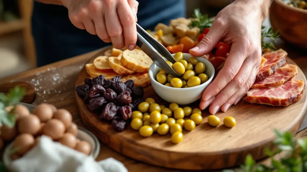A close-up, high-angle photo of a rustic wooden charcuterie board being assembled in a bright Naperville home kitchen, f