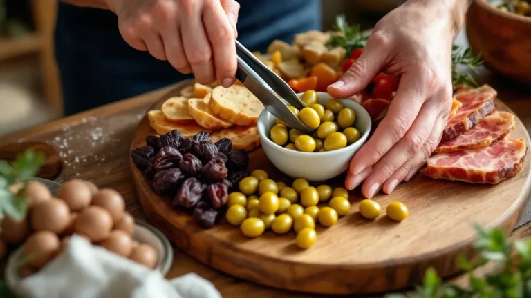 A close-up, high-angle photo of a rustic wooden charcuterie board being assembled in a bright Naperville home kitchen, f