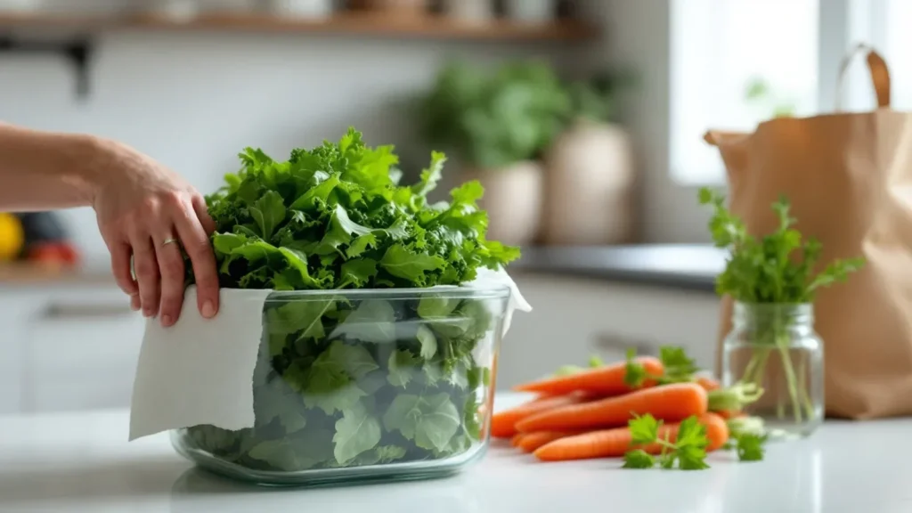 Hand reaching for fresh parsley in water-filled glass container in bright kitchen.