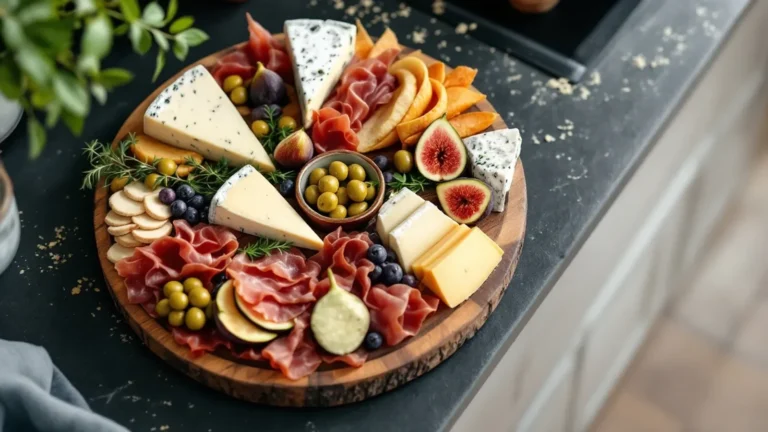 An elegant, overhead photo of a rustic wooden charcuterie board arranged with wedges of French Brie, aged Spanish Manche