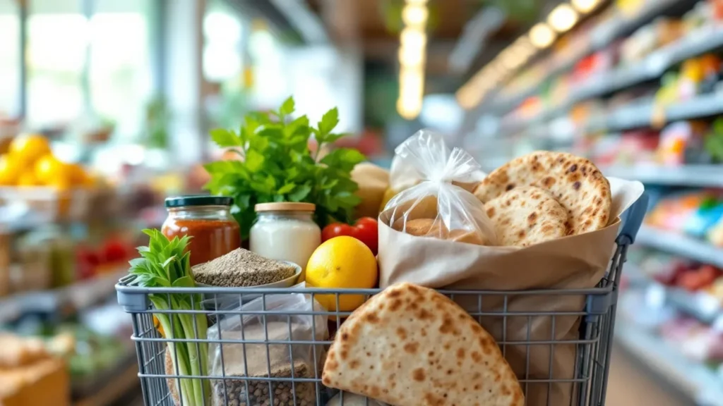 Shopping cart filled with groceries including bread, fresh herbs, dairy, and produce in a supermarket.