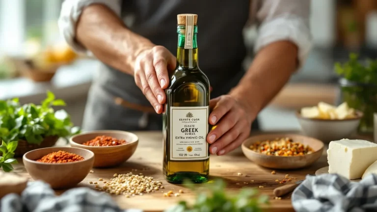 Chef holding Greek extra virgin olive oil bottle in sunny kitchen with fresh ingredients