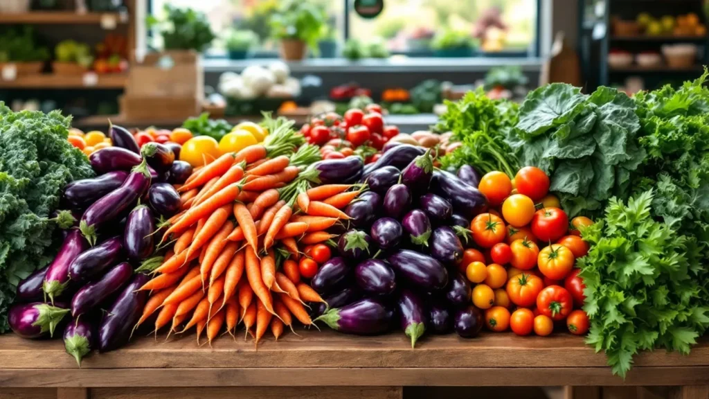 Fresh farm produce display with colorful vegetables at farmers market or grocery store.