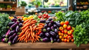Fresh farm produce display with colorful vegetables at farmers market or grocery store.