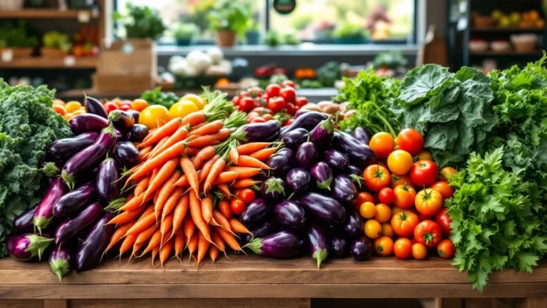 Fresh farm produce display with colorful vegetables at farmers market or grocery store.