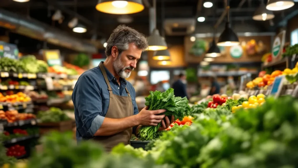 Produce manager inspecting fresh leafy greens in grocery store produce section.