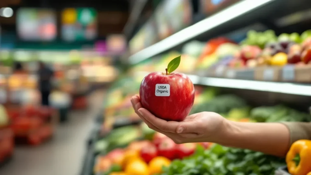 Hand holding USDA Organic certified red apple in grocery store produce section
