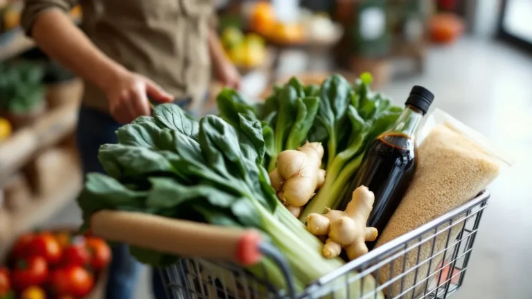 Shopping cart filled with fresh produce including leafy greens, ginger, rice, and soy sauce at a market.