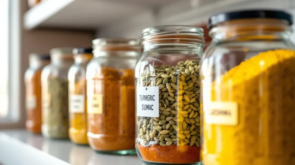 Organized glass jars of spices and ingredients with turmeric sumac label on kitchen shelf.